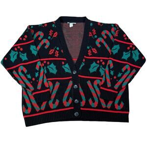 Vintage Christmas Candy Cane Holly Knit Cardigan Sweater Black Red Green XL